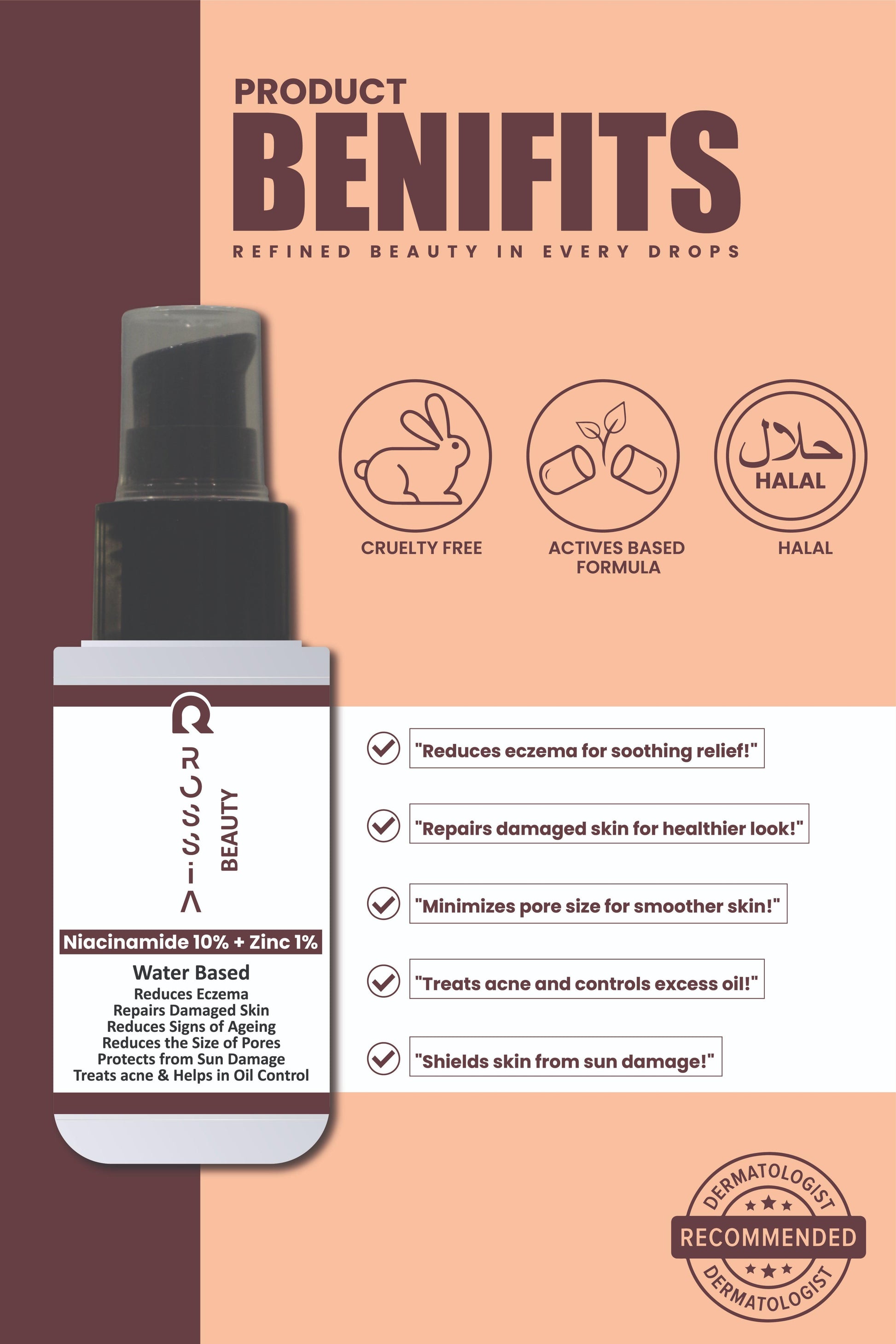 Benefits of Rossia Beauty  Niacinamide 10% + Zinc 1% Serum for oily and acne-prone skin. Helps reduce acne marks, control oil, minimize pores, and improve texture.