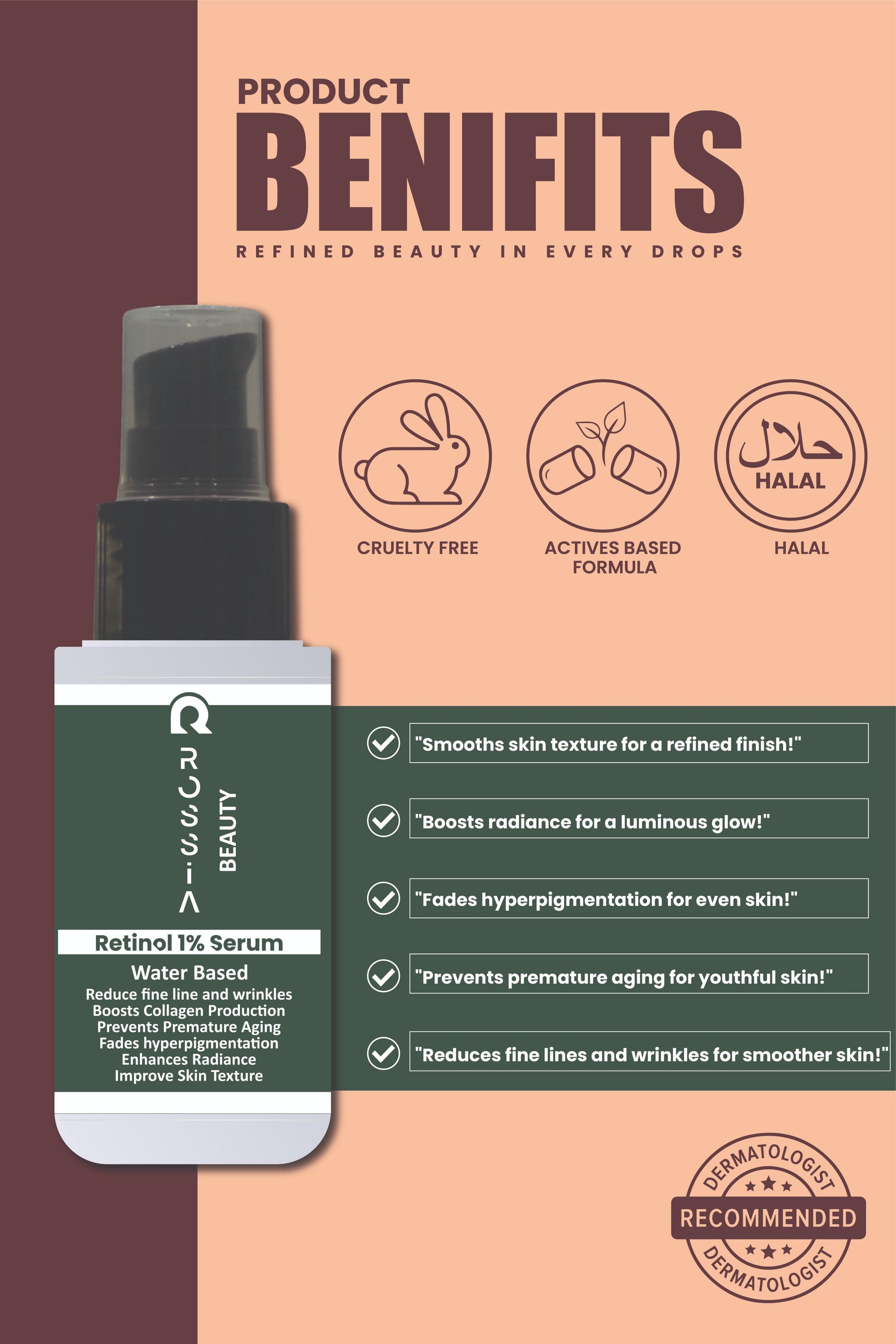 Key benefits of Rossia Beauty Retinol 1% Serum including anti-aging, wrinkle reduction, smoother skin texture, and improved skin tone.