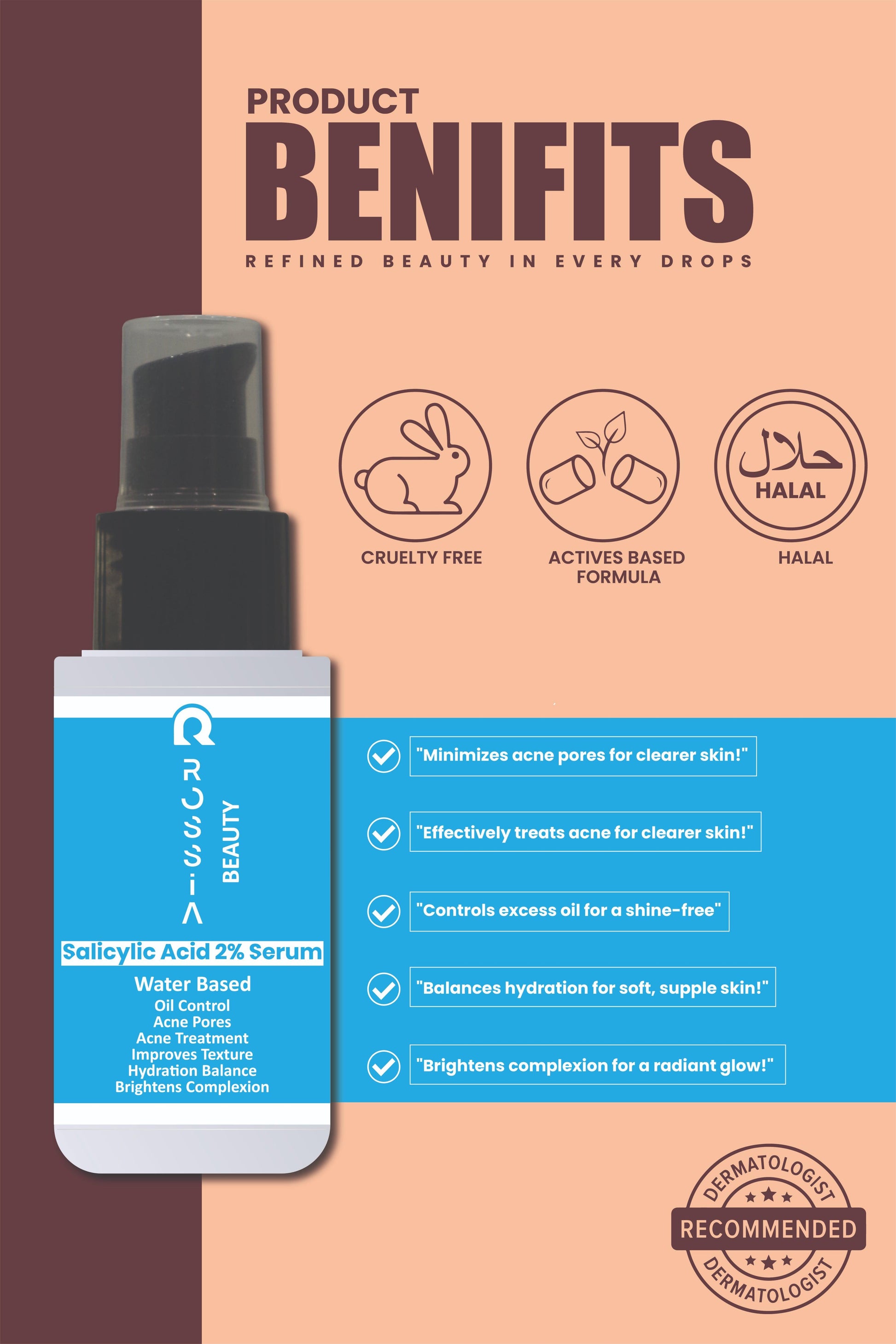 showing key benefits of Rossia Beauty  2% Salicylic Acid Serum for oily and acne-prone skin, including unclogging pores, reducing acne, and controlling oil.