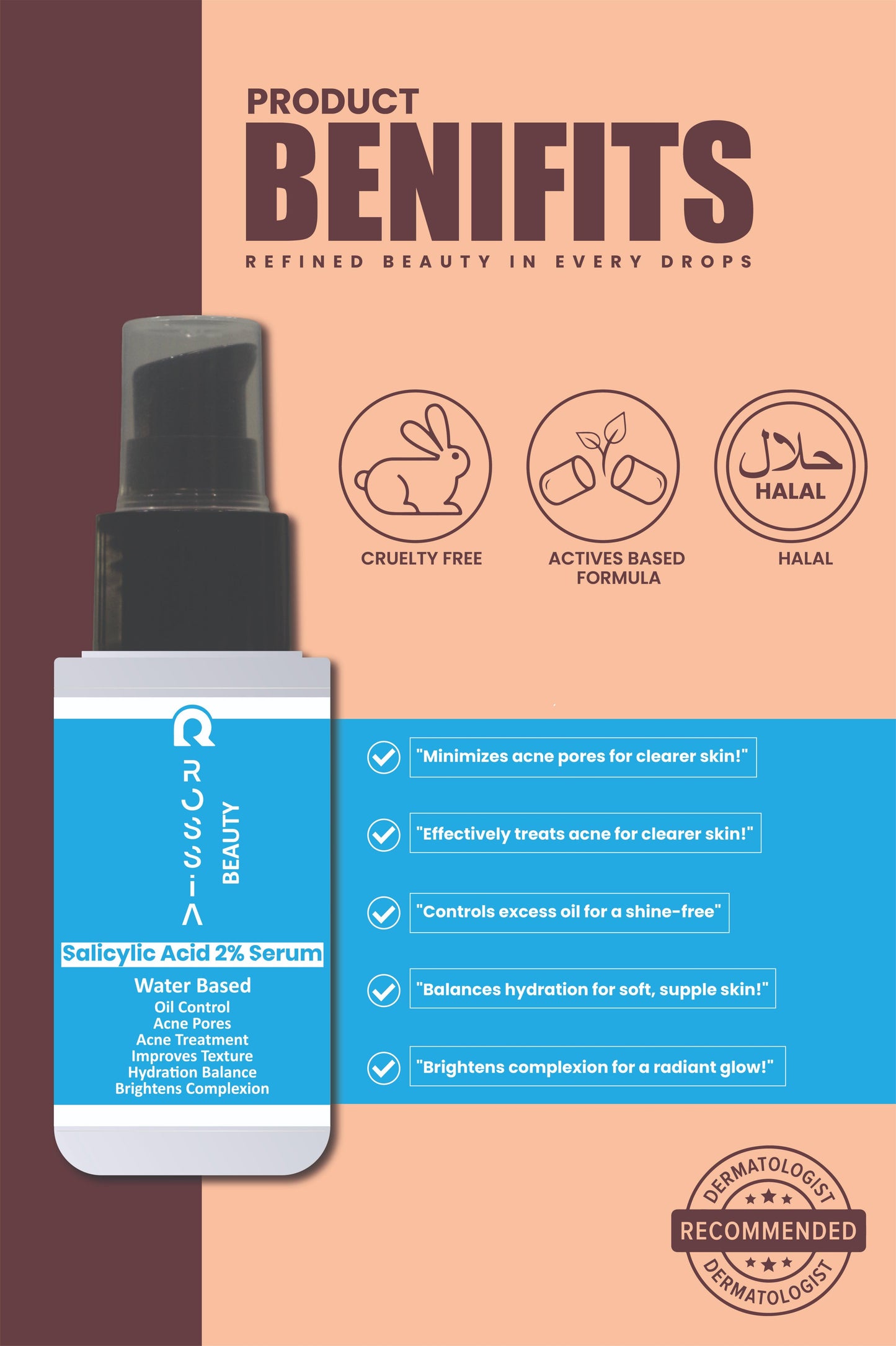 showing key benefits of Rossia Beauty 2% Salicylic Acid Serum for oily and acne-prone skin, including unclogging pores, reducing acne, and controlling oil.