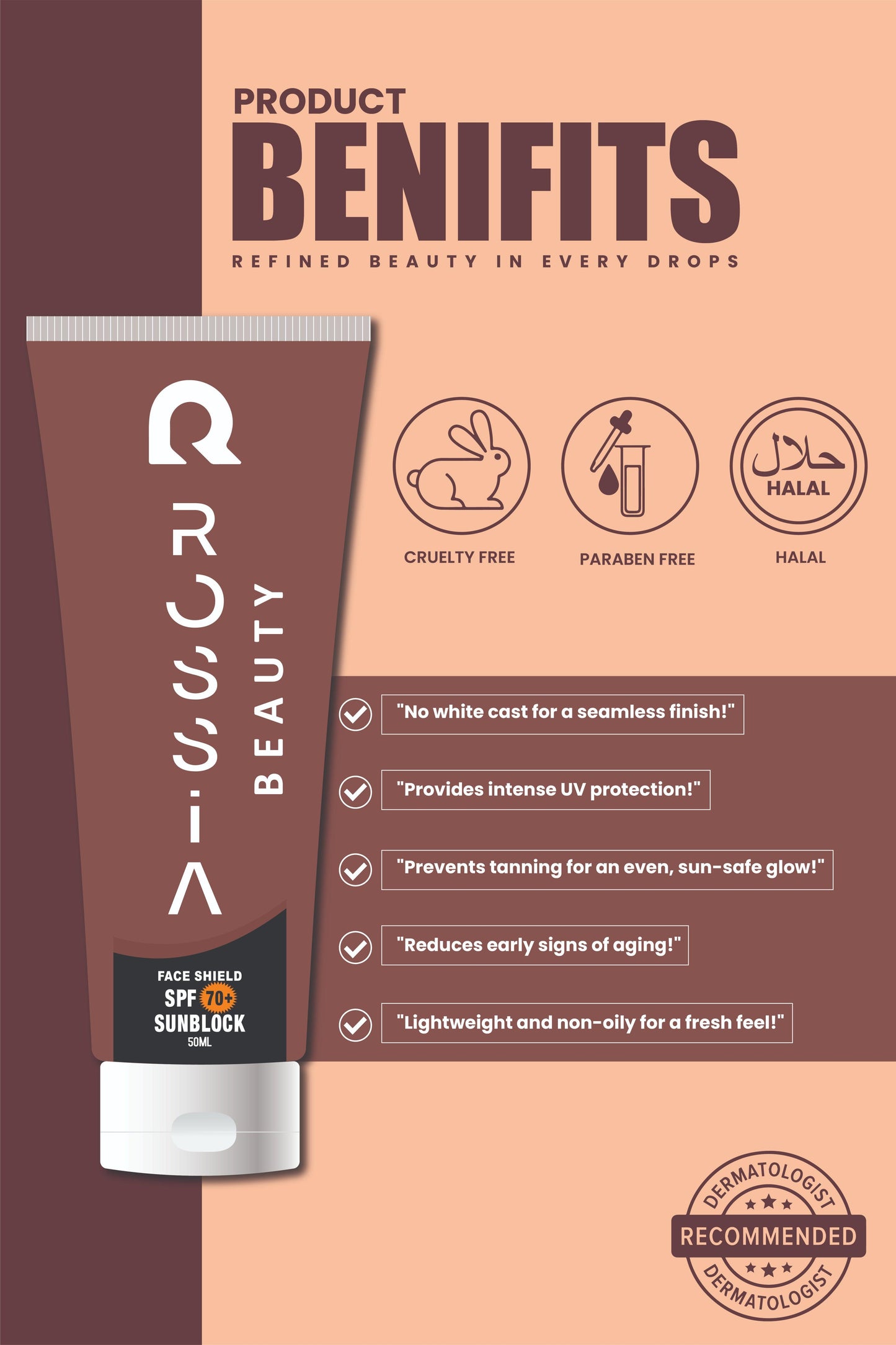 Benefits of Rossia Beauty Sunblock SPF 70 (50ml) for all skin types. Provides strong UVA/UVB protection, prevents sunburn, and supports even skin tone and glow.