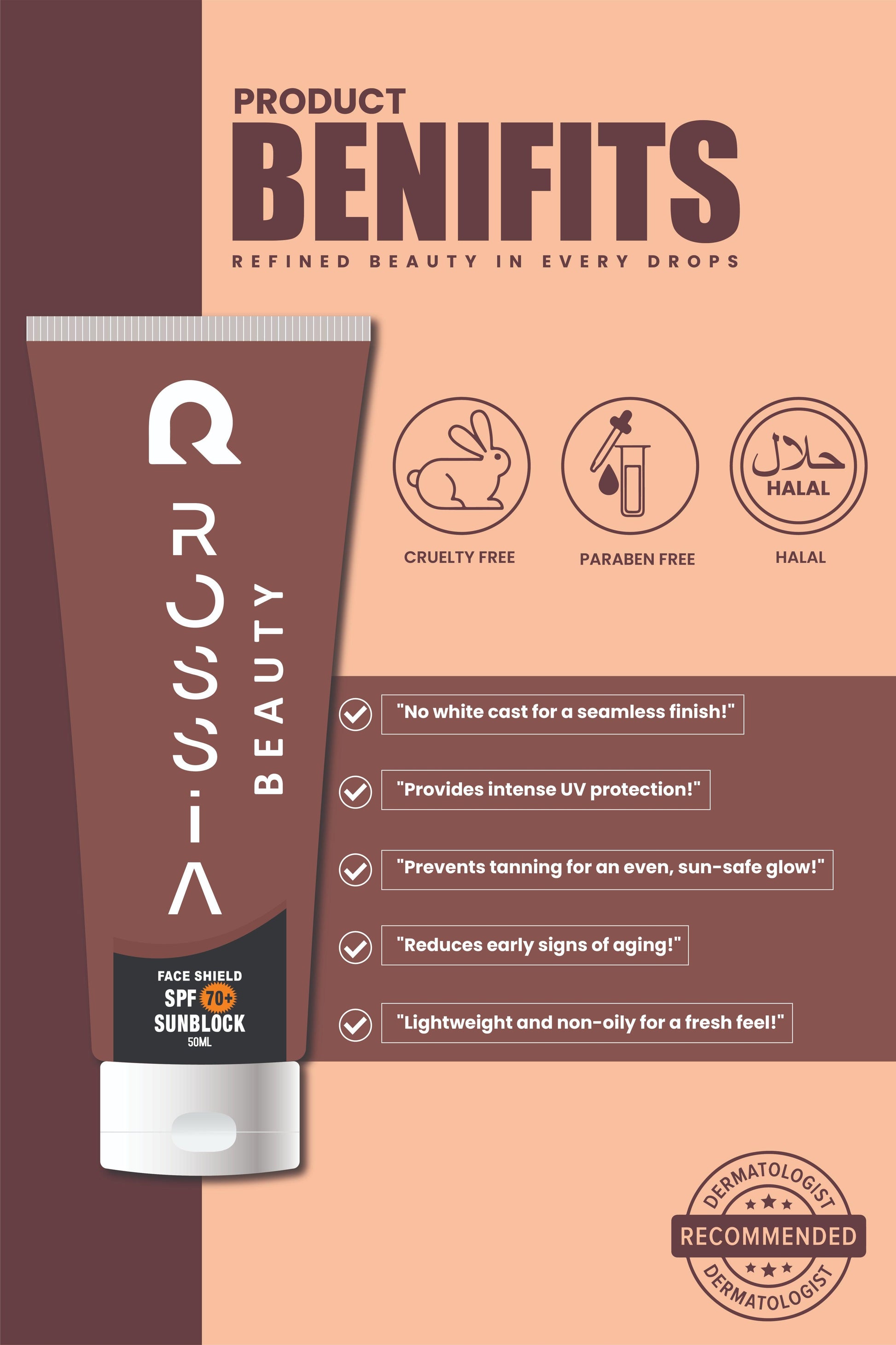 Benefits of Rossia Beauty  Sunblock SPF 70 (50ml) for all skin types. Provides strong UVA/UVB protection, prevents sunburn, and supports even skin tone and glow.