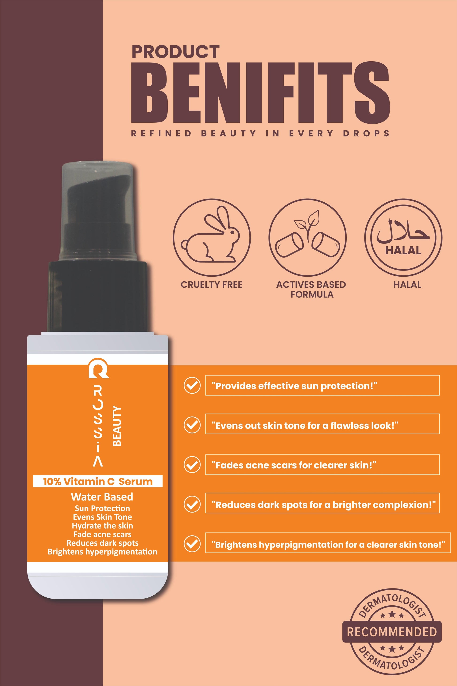 showing benefits of Rossia Beauty Vitamin C 10% Serum, including brightening skin, reducing dark spots, evening skin tone, and boosting glow.